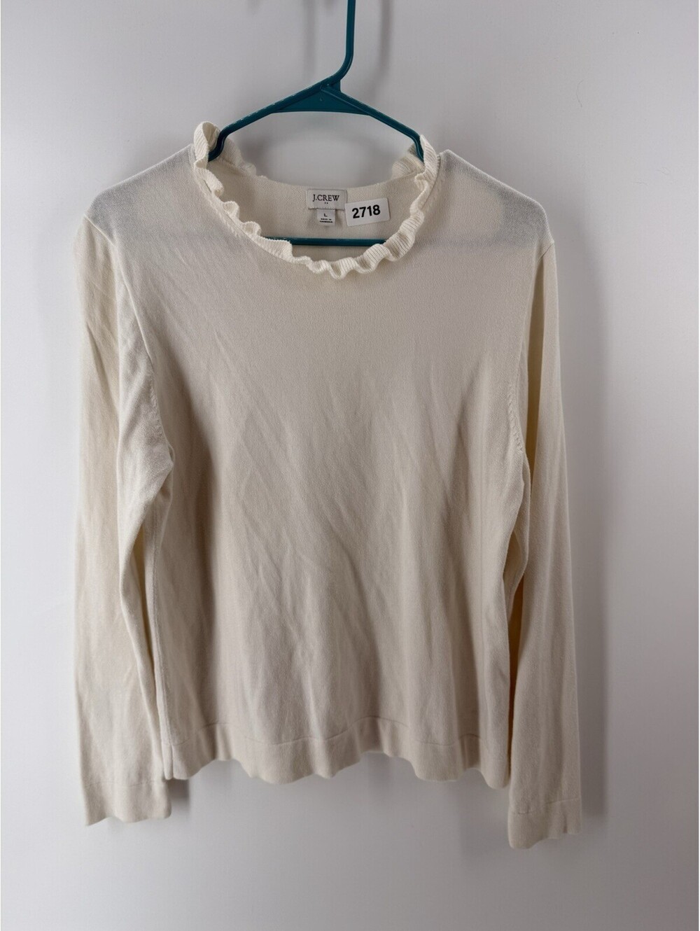 J. Crew Women's Size Large Ruffled Neck LS Ivory 100% Cotton Pullover Sweater
